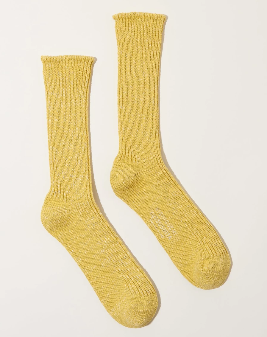 Nishiguchi Kutsushita Vintage Yellow Hemp Cotton Ribbed Socks for Men & Women