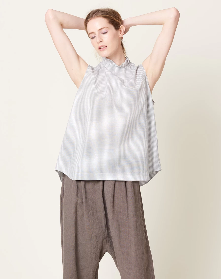 Chimala Grey Check Frill Collar Sleeveless Shirt - Women's Vintage-Inspired Top
