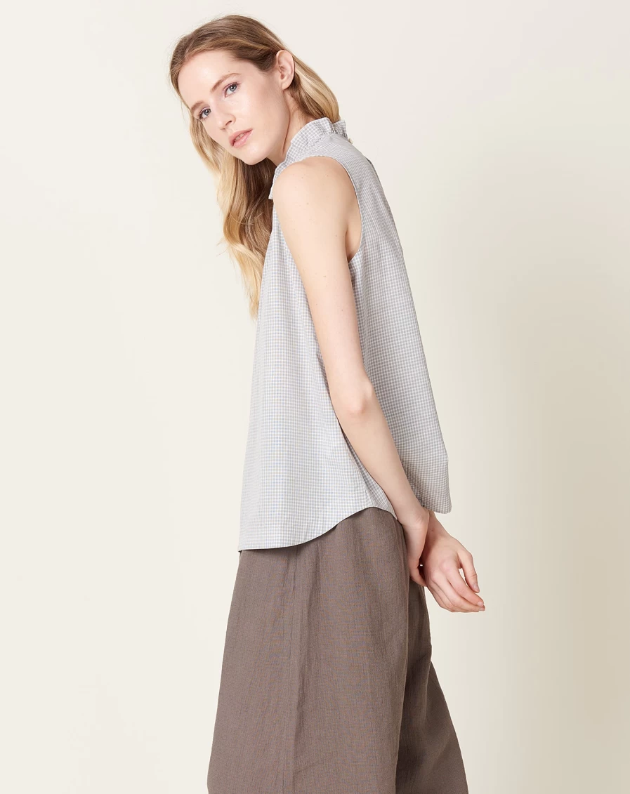 Chimala Grey Check Frill Collar Sleeveless Shirt - Women's Vintage-Inspired Top