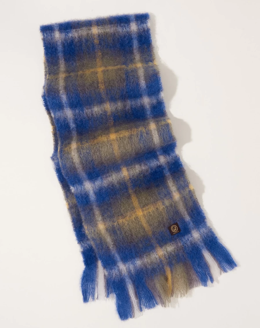 Mantas Ezcaray Blue Mohair Tartan Check Scarf - Luxury Wool Winter Accessory