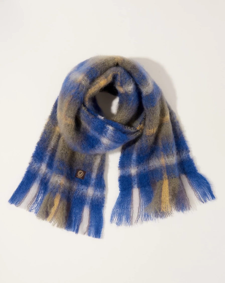 Mantas Ezcaray Blue Mohair Tartan Check Scarf - Luxury Wool Winter Accessory